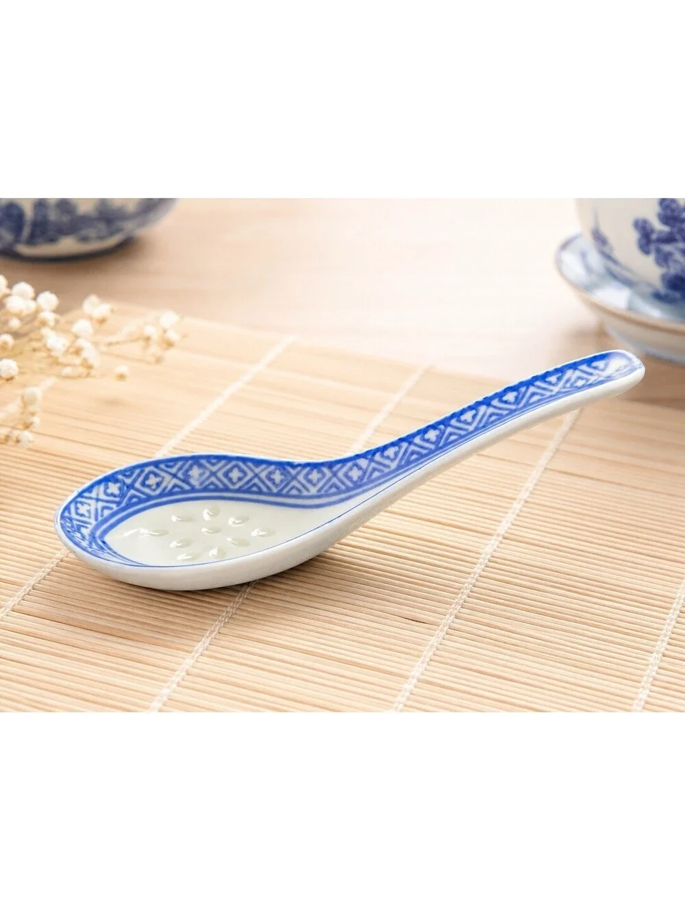 Chinese 1980s Rice Grain Soup Spoon Diamond Lattice Blue White, 5.5” FREE SHIP